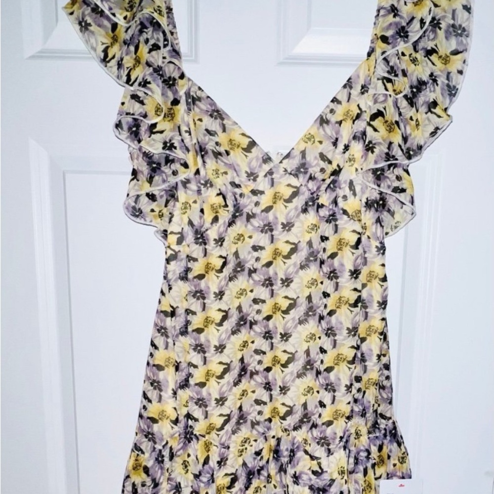 Topshop Floral Ruffle Dress - Yellow and Purple